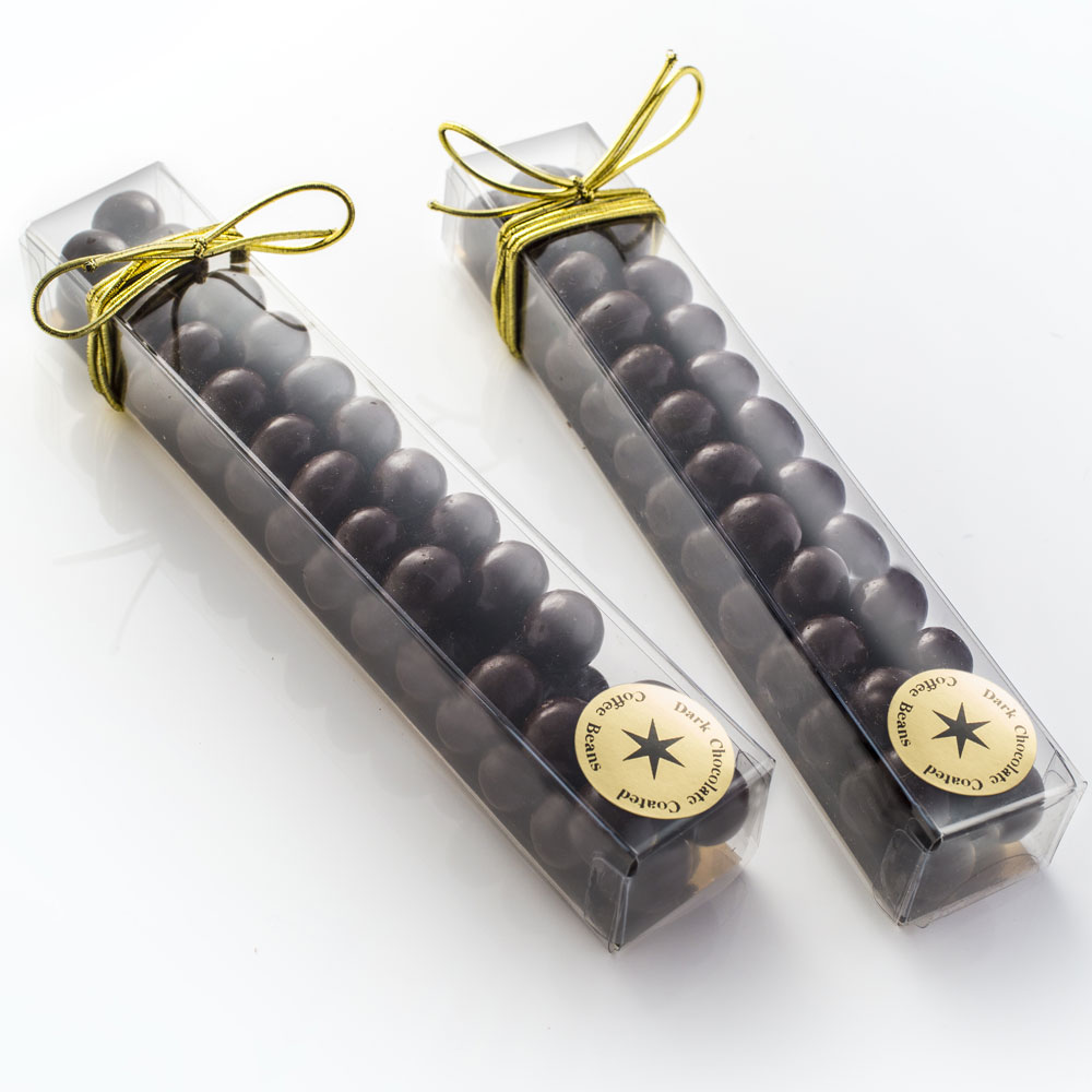 Whole coffee beans coated in smooth dark chocolate